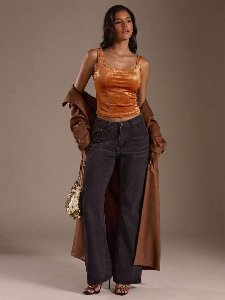 SHEIN Glamour Áo tank top hai dây ôm sát, chất liệu vải bóng, phong cách đường phố năng động, gợi cảm dành cho nữ, thích hợp cho các bữa tiệc đêm và mặc hàng ngày. - trái cam - Xem 4