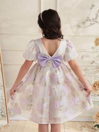 SHEIN 女童紫色欧根纱提花连衣裙，后背饰有蝴蝶结