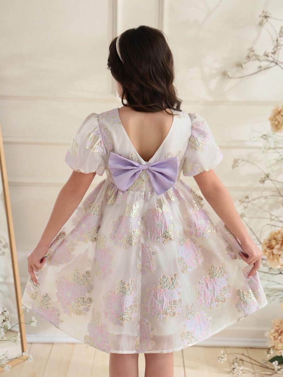 SHEIN 女童紫色欧根纱提花连衣裙，后背饰有蝴蝶结