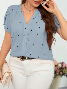 Reflora Plus Size Notch Neck Petal Sleeve Heart Print Minimalist Top Valentines - Baby Blue - View 3