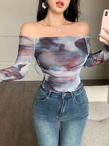 Modelyn Women's Knit Mesh Long Sleeve Off Shoulder Cinched Waist Pleated Casual T-Shirt - Multicolor - View 5