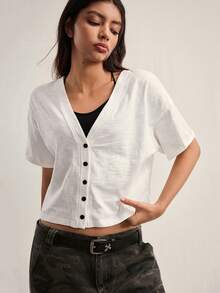 Easelle Casual Slim Fit White Cotton Women's T-Shirt With Front Buttons, White, Spring/Summer, Versatile, Retro, Casual - White - View 1
