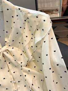 Franclia Women's New Spring/Summer Elegant And Sweet Ruffled, Heart-Shaped Tie-Front Long-Sleeved Shirt,Women's Shirts For Spring And Summer, Women's Spring Outfits With Shirts, Women's Valentine's Day Outfits With Shirts, Women's Valentine's Day Clothing (Shirts), Elegant Women's Shirts, Women's Heart-Patterned Shirts, White Women's Shirts - Beige - View 6