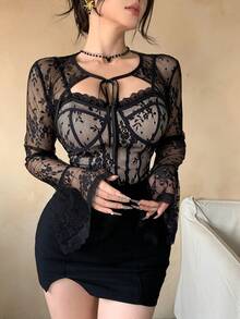 DAZY 女士优雅蕾丝系带衬衫，春夏款 - 黑色 - 查看 8