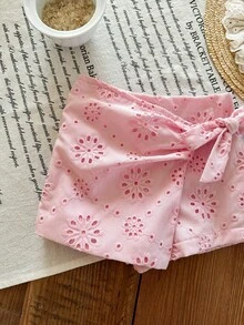 SHEIN LMoss Kids Babygirl Cute Summer Versatile Pink Floral Embroidery Elastic Waist Shorts - Pink - View 4