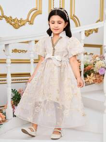 SHEIN Young Girl's Elegant Embroidered Lantern Sleeve Long Dress - Apricot - View 5