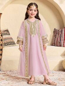 SHEIN Conjunto de 2 piezas de niña joven con abrigo de malla con contraste de cinta dorada y vestido de cuello en V - Rosa - Ver 9