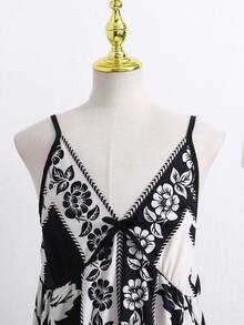 Floral Print Dress, Suitable For Beach, Travel, Outings, And Home Wear For Teenage Girls - Black and White - View 5