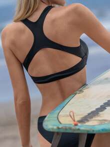 Swim SPRTY 女士夏季沙滩运动风泳衣上装，前拉链，后背交叉设计，黑色泳衣上装 - 黑色 - 查看 5