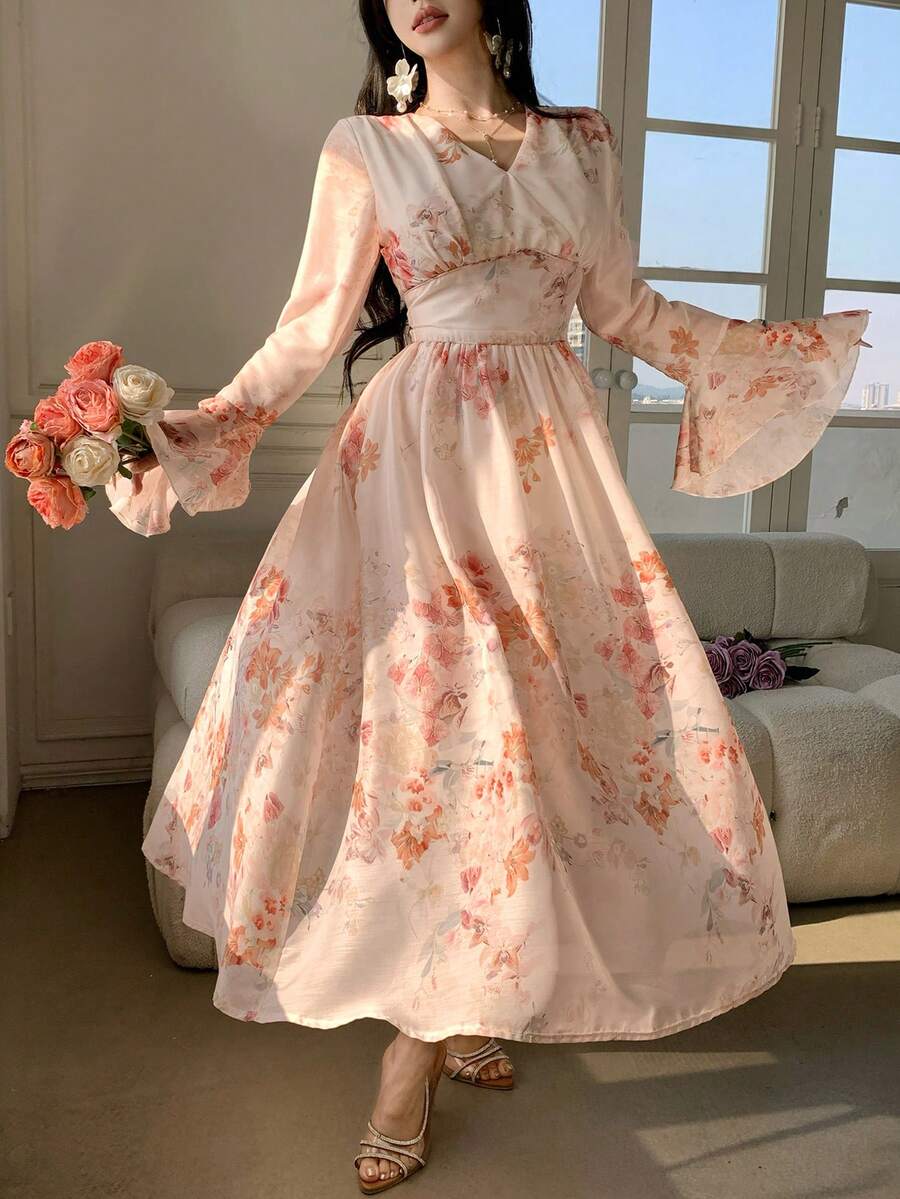 DAZY فستان أنيق للنساء بياقة على شكل حرف V وأكمام واسعة متوسط الطول، فستان ضيف حفل زفاف في الربيع/الصيف - وردي - مشاهدة 1