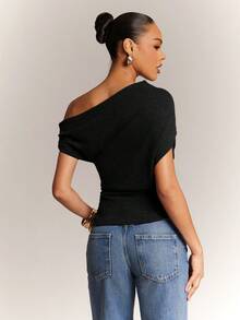 Hauture Women's Office Casual Dialy Simple Off Shoulder Wool Like Knit Ruched Top - Black - View 2