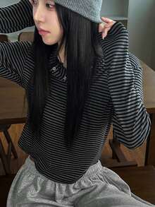 DAZY Women's Retro Minimalist Striped Slim Fit Hoodie T-Shirt, Versatile Design Long Sleeve - Dark Grey - View 1