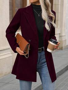EMERY ROSE Áo khoác nữ cổ phẳng tay dài cài nút phía trước màu trơn đơn giản thường ngày - Màu Đỏ Sâu - Xem 4
