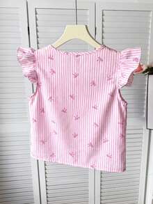 SHEIN Tween Girls' Casual V-Neck Bow Tie Print Cap Sleeve Blouse Summer Outfits - Pink - View 2