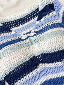 SHEIN Teen Girls Blue & White Striped V-Neck Hollow Out Beach Cover Up, Versatile Holiday Essential