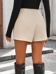 Women Solid Color PU Leather Twisted Design Asymmetric Hem Elegant Skort - Apricot - View 2