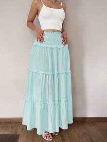 Glamine Pleated Waist Mixed Fabric Ruffle Hem Skirt, Casual Everyday/Vacation Skirt Women Plus Sun Skirt Fall Cloth For Women - Baby Blue - View 4