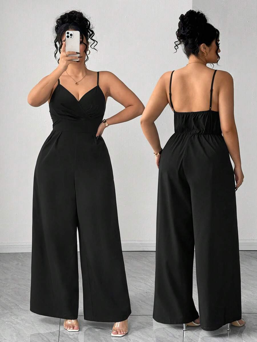 Elenzga Fashionable Casual Romantic Retro Elegant V-Neck Waist Cinched Jumpsuit For Commuting - Black - View 1