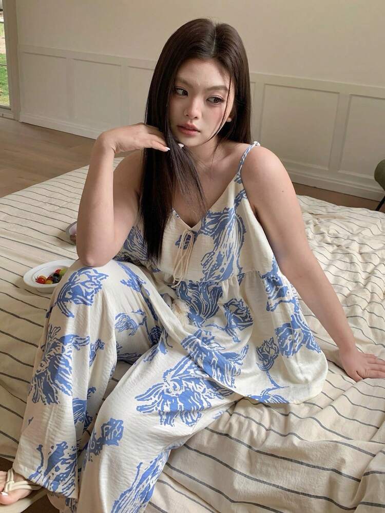 Dazy Plus 2pcs Sleepwear Set: Loose Long Nightgown And Wide-Leg Pajama Pants, Spring/Summer