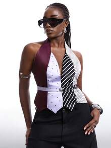 LYSMO 大码女式撞色波点条纹印花露背吊带性感上衣/背心 - 彩色 - 查看 1