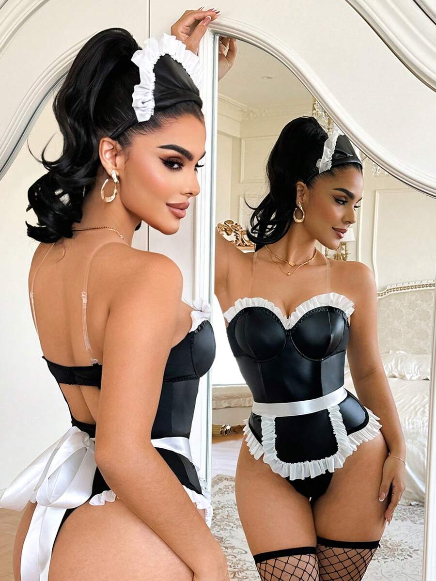 Fantasy Costume Charming Blooming Sexy PU Jumpsuit - Black and White - View 1