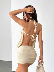 SHEIN PETITE Romantic Backless Sexy Halter Mini Pink Mesh Party Dress For Valentine's Day - Apricot - View 2