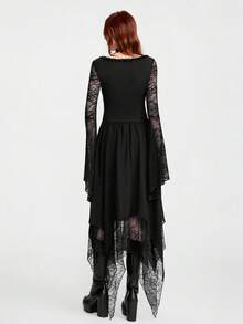 Breakform Áo cardigan ngắn tay dài, cài cúc, cổ ren phối màu trơn, chất liệu vải dệt kim, dành cho nữ, kiểu dáng thanh lịch Gothic, có khuy cài, tay áo loe và cổ tay áo ôm sát. - màu đen - Xem 2