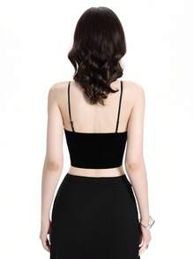 Breakform Women's Fashion Gothic Style Solid Color Lace Trim Metal Cross Decor Adjustable Strap Cropped Camisole Top - Black - View 2