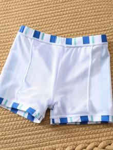 SHEIN 2pcs Baby Boy Summer Casual Vacation Fruit Pattern Long Sleeve Swimsuit & Blue Striped Swim Trunks, Suitable For Beach, Pool, Spa - Multicolor - View 8