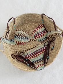 Swim Vcay Conjunto de traje de baño de 2 piezas para mujer, elegante y minimalista para vacaciones, con escote halter, parches y cuentas, color aleatorio, ropa de playa para damas - Multicolor - Ver 5