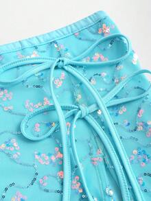 SHEIN Sweetro 女士夏季时尚度假派对亮片拼接蝴蝶结开衩迷你裙 - 藍色 - 查看 5