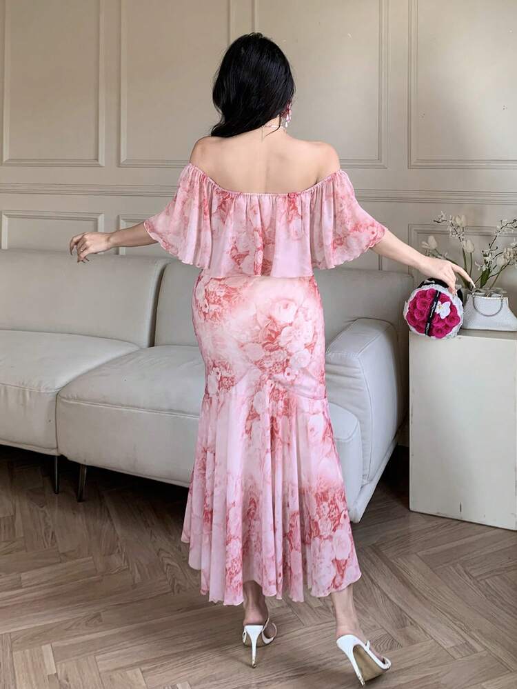 Women's Elegant Floral Off Shoulder Fishtail Dress, Summer Wedding Guest Dress Maxi Dress Sundress