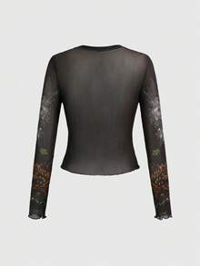 ROMWE Avant Y2K Retro Tiger Vine Faux Tattoo Print Slim Fit Mesh Top - Black - View 2