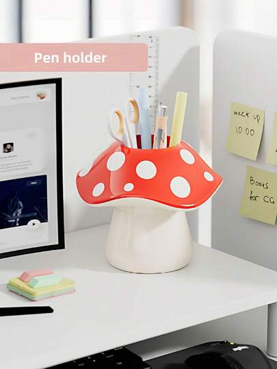 1pc Cute Mushroom Pen Holder, Desktop Storage, Makeup Brush Holder, High-Value Creative Pen Holder For Children, Students, And Offices