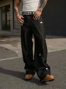 DAZY 春季小狗刺绣街头风牛仔裤 - 黑色 - 查看 5