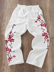 Manfinity Joysei 男士休闲梅花印花针织保暖裤，男士休闲长裤 - 白色 - 查看 1