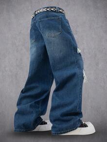 Manfinity LEGND Retro American Plaid Patchwork Loose Fit Distressed Wide Leg Jeans - Blue - View 2