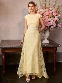 MOTF Soiréza WOMEN'S GUIPURE LACE EMBROIDERED LONG DRESS, FORMAL OCCASION CEREMONIAL DRESS - Yellow - View 6