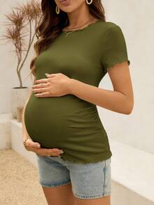 SHEIN Maternity Ribbed Lettuce-Edge Form-Fitting Short Sleeve Top - Army Green - View 4