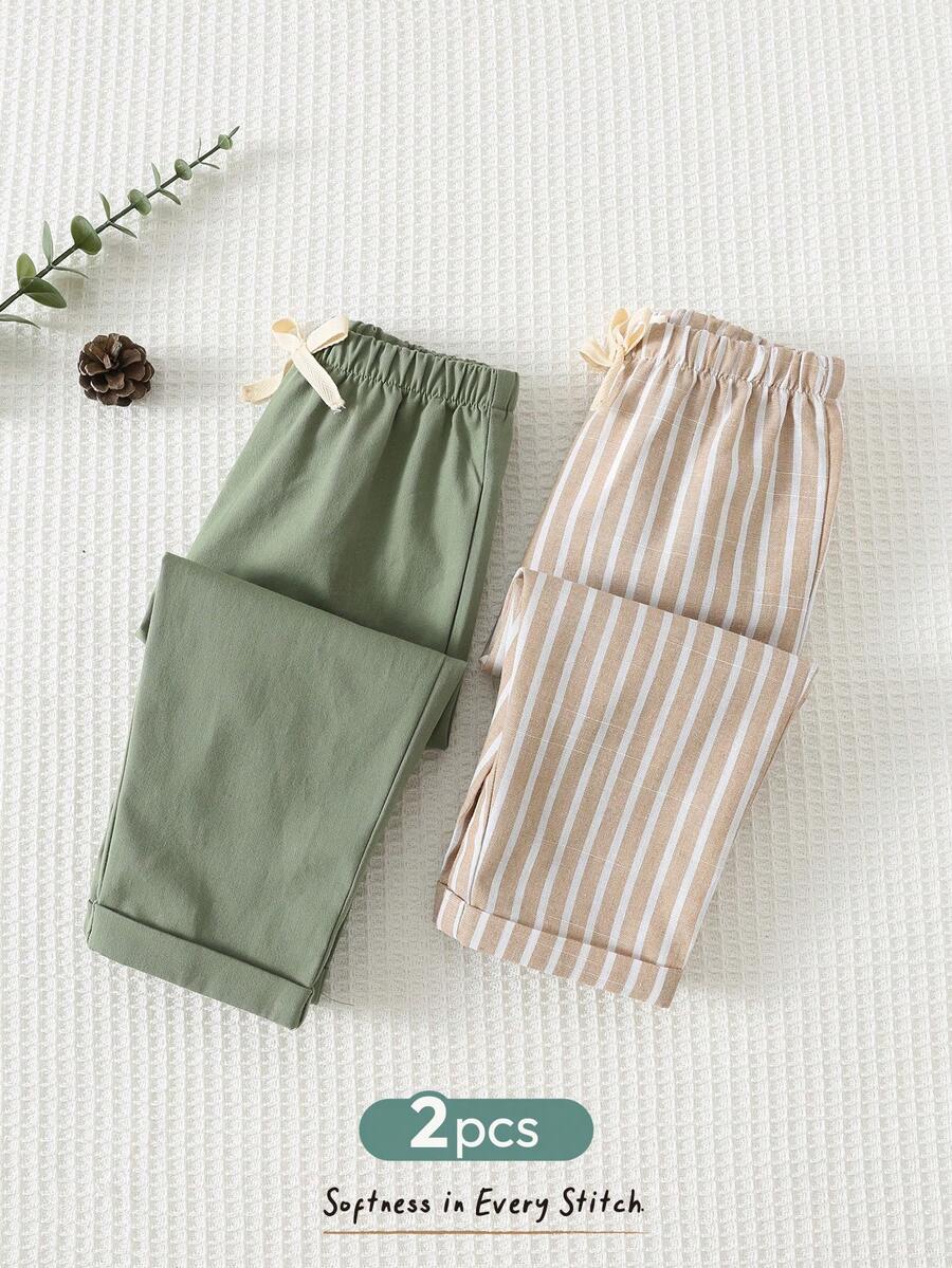 Cozy Pixies 2pcs Baby Boy Elastic Waist Pants With Decorative Ribbon - Green - View 1