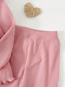 SHEIN Conjunto de 2 piezas de ropa cómoda y suave para bebé niña, con bordado de unicornio lindo, estampado floral elegante y cuello con volantes, top de manga larga y pantalones, conjunto de pijama para bebé niña - Rosa - Ver 6