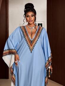 Maweii 女士V领印花宽松休闲度假长裙，舒适时尚，春夏必备新款，大码尺码 - 藍色 - 查看 3