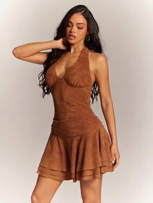 Radiana Đầm mini ôm sát cơ thể màu nâu co giãn, chất liệu giả da lộn, kiểu cổ yếm, gợi cảm, tinh nghịch dành cho nữ, với nhiều lớp bèo nhún ở gấu đầm, phong cách retro miền Tây, thích hợp cho những buổi đi chơi thường ngày, lễ hội âm nhạc, hòa nhạc, tiệc tùng, kỳ nghỉ. - màu nâu - Xem 4