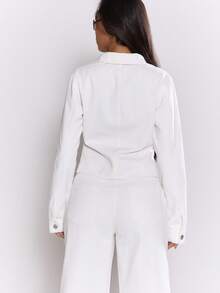 MUSERA Fitted Hook Eye Detail Cinched Seams Long Sleeve Denim Jacket Streetwear Cute Classy Casual Sexy Going Out Fall Autumn Toffee Chic Spring Summer - White - View 3