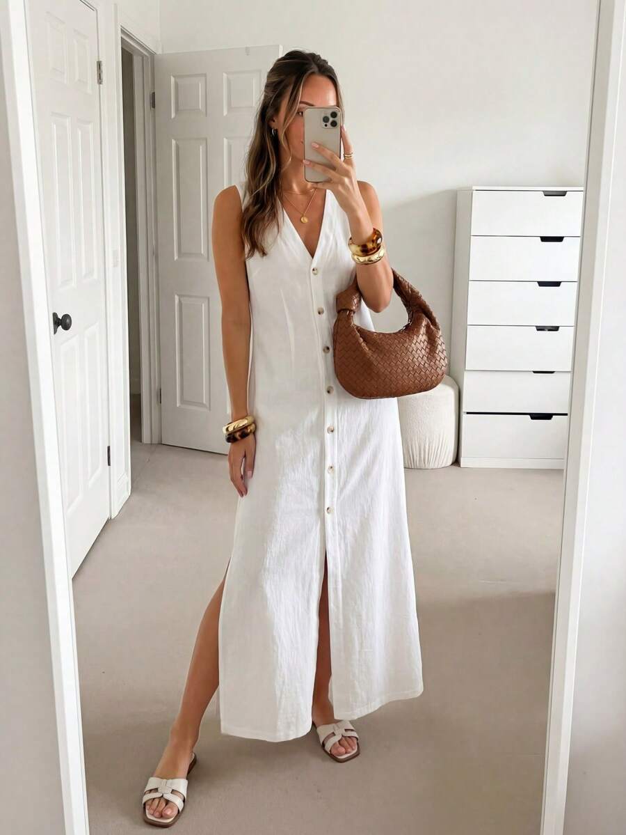 Easowa Đầm dài không tay cài nút phía trước màu trơn cho nữ, thích hợp cho kỳ nghỉ - trắng - Xem 1