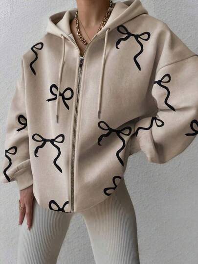 INAWLY 女士加大码休闲宽松拉链印花卫衣