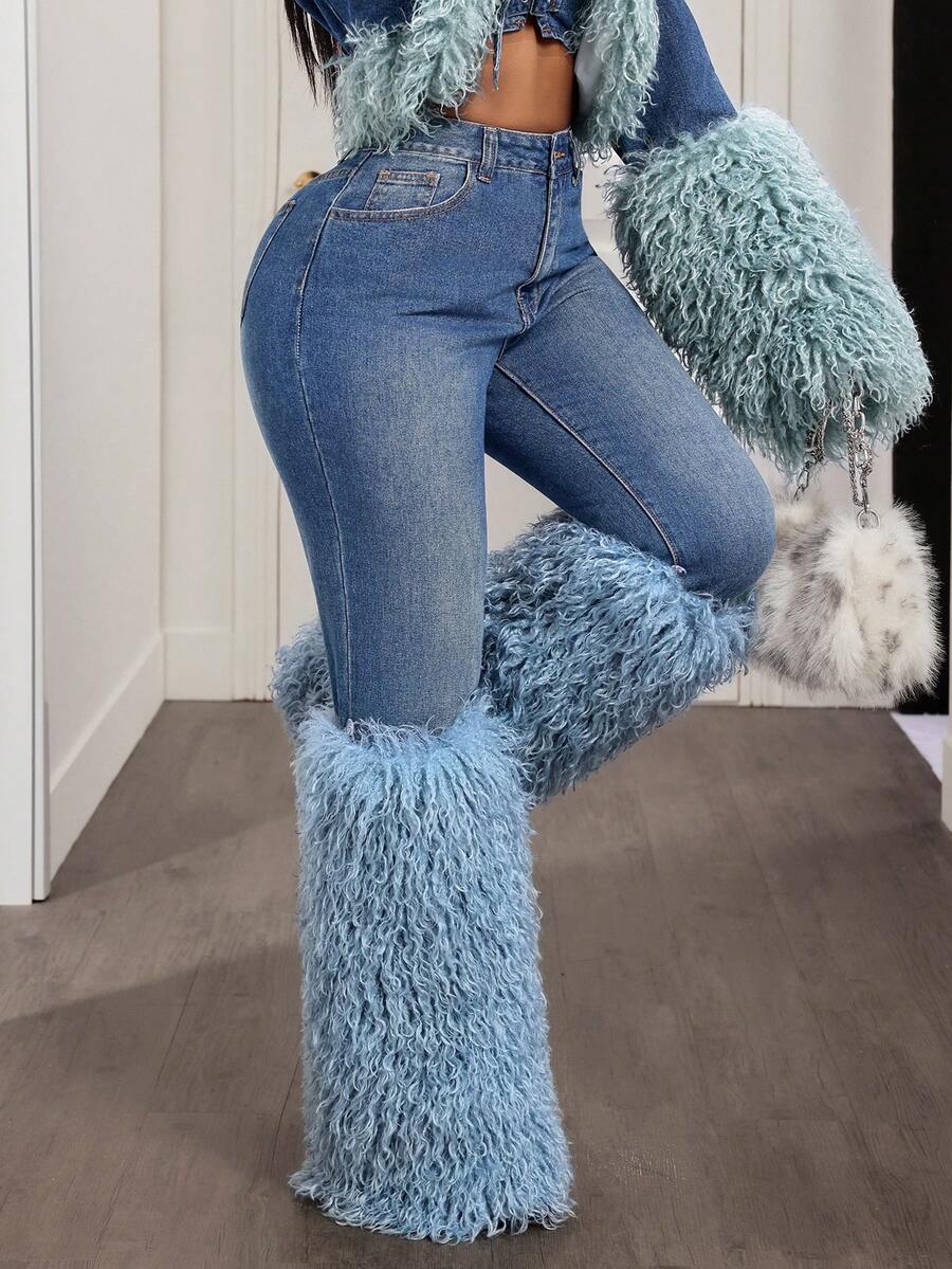 Slaydiva Women's Casual Fashion High Waist Patchwork Faux Fur Denim Jeans - Blue - View 1