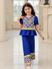 SHEIN Young Girl Round Neck Puff Sleeve Vintage Color Block Ruffle Hem T-Shirt Set Girls Two Piece Suit - Royal Blue - View 1