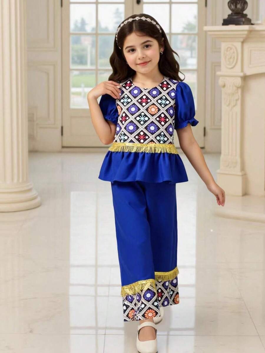 SHEIN Young Girl Round Neck Puff Sleeve Vintage Color Block Ruffle Hem T-Shirt Set Girls Two Piece Suit - Royal Blue - View 1