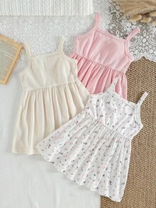 SHEIN 3件套女婴幼儿新生儿0-3岁弹力碎花无袖连衣裙套装，适合夏季度假和派对，休闲撞色，植物印花装饰弹力吊带背心，适合居家、户外、度假、聚会等多种场合。 - 彩色 - 查看 2